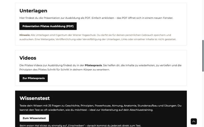 Unterlagen, Videos und Wissenstest zur Pilates Ausbildung